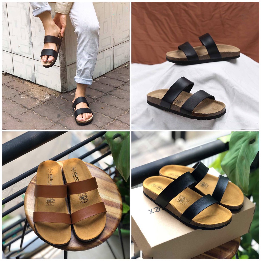 Dép đế trấu 2 quai ngang trơn màu Đen Bò độc lạ - Mã DETA24
