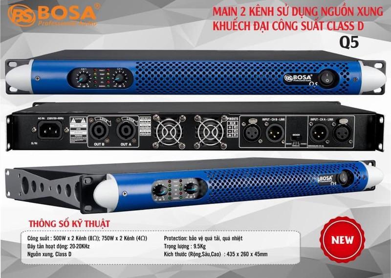 Cục đẩy công suất 2 kênh bosa q5 sử dụng nguồn xung, công nghệ class d cho công suất 2000w