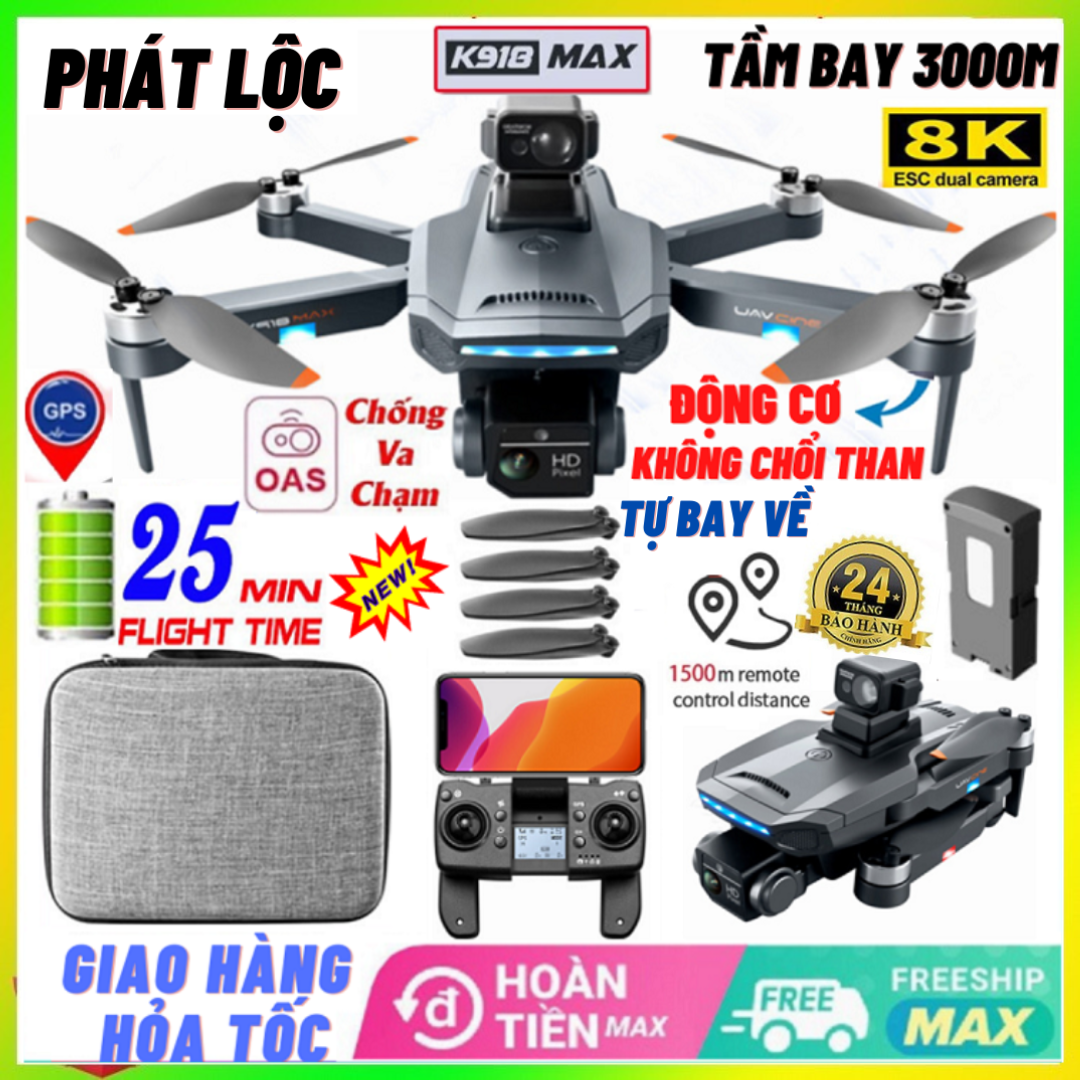 Flycam Điều Khiển Từ Xa 4 Cánh K918 Max G.P.S Cảm Biến Tránh Vật Cản, Drone Mini Flycam 8K, Phờ Lai Cam, Máy Bay Flycam, Playcam, Flay cam, Play camera, Fly Cam Giá Rẻ WiFi Pin Khỏe Bay Xa 3000M