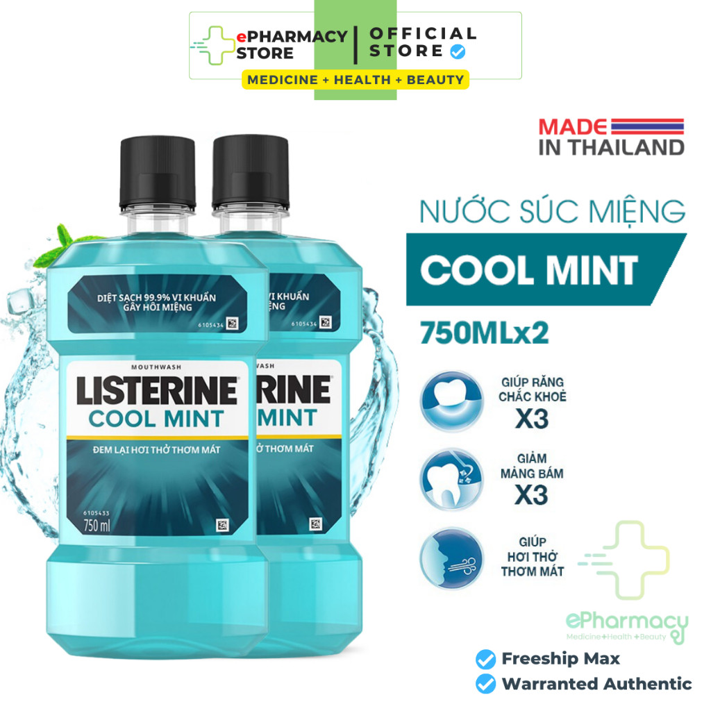 COMBO 2 CHAI nước súc miệng LISTERINE COOL MINT diệt khuẩn giữ hơi thở thơm mát 750ml