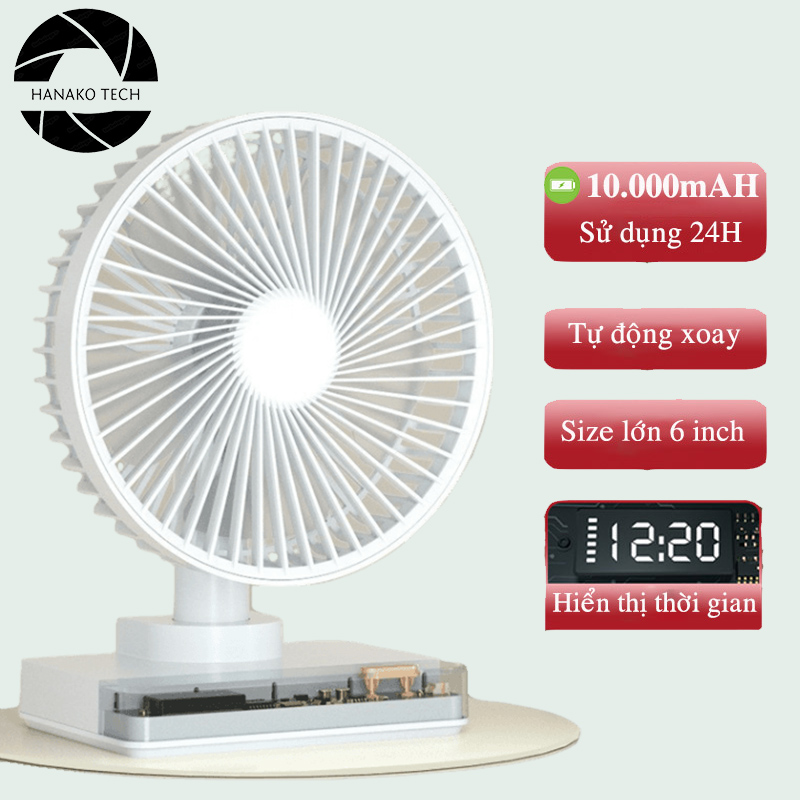 Quạt tích điện mini 24h pin trâu 10.000mah xoay tự động 4 tốc độ gió mạnh chạy êm cao cấp