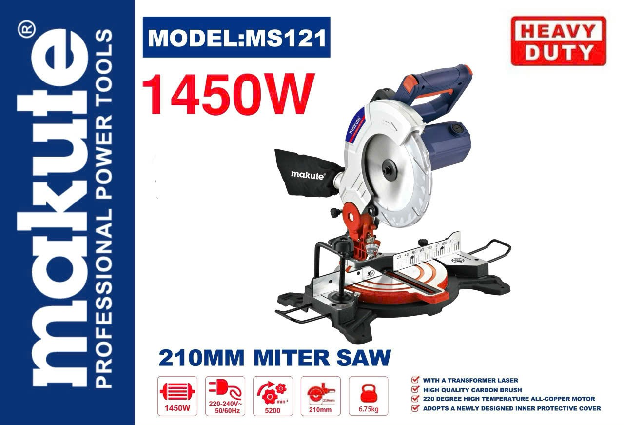 Máy cắt gỗ, nhôm để bàn mini đa góc laze lưỡi 210mm makute ms121 - tặng kèm lưỡi cắt