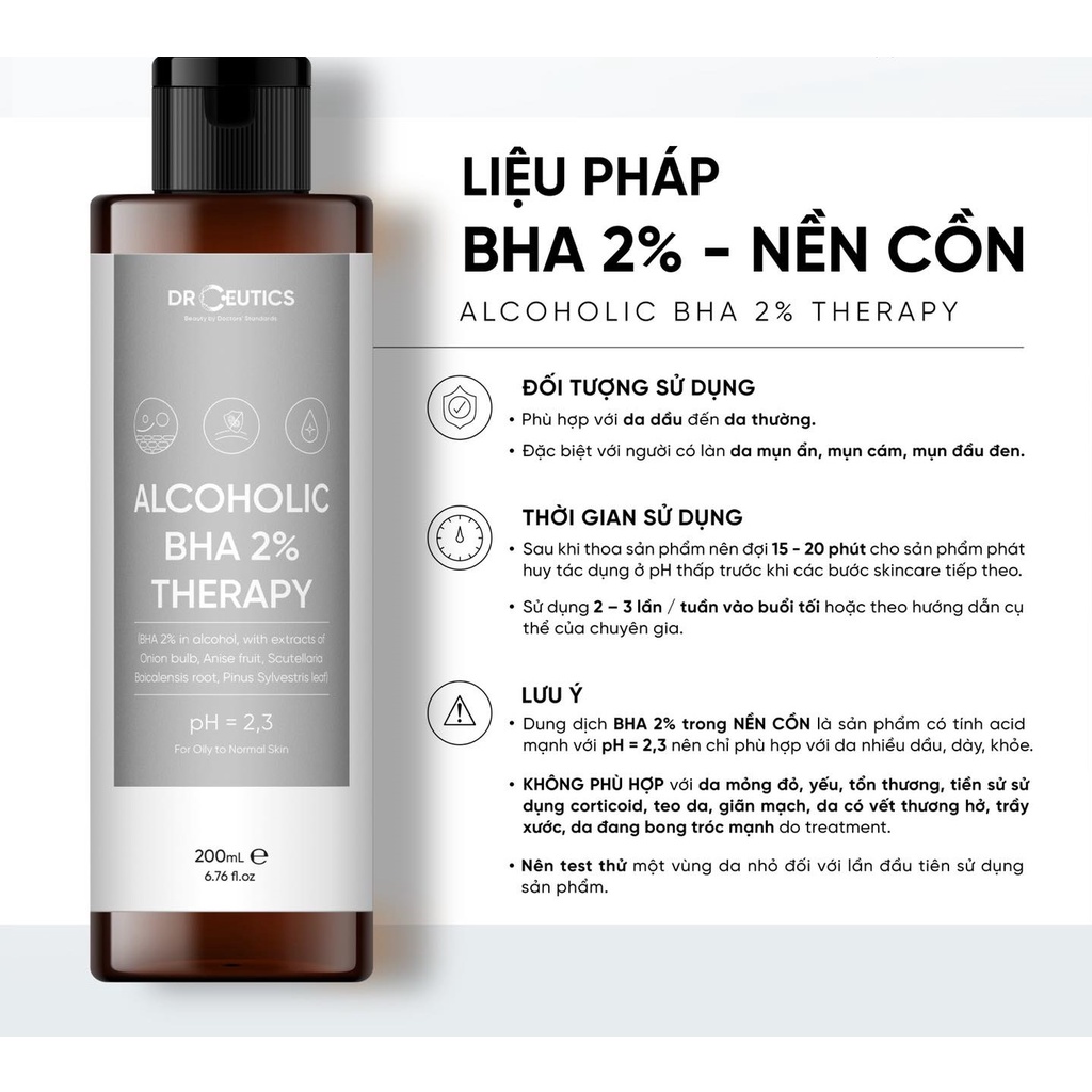 Toner làm sạch, tẩy da chết drceutics alcoholic bha 2% therapy 200ml