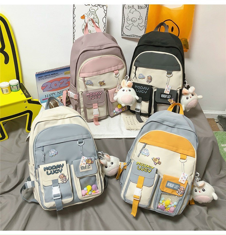 Ba lô MONDAY LUCY chất vải canvas chống thấm phối màu tặng kèm sticker và móc gấu