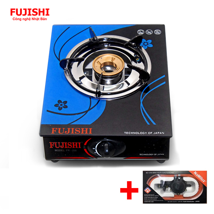 Bếp gas đơn chén đồng fujishi fr-268d + bộ dây van ngắt gas tự động namilux - - sài bình gas lớn 6kg/12kg - bảo hành chính hãng 01 năm - kính đen xanh