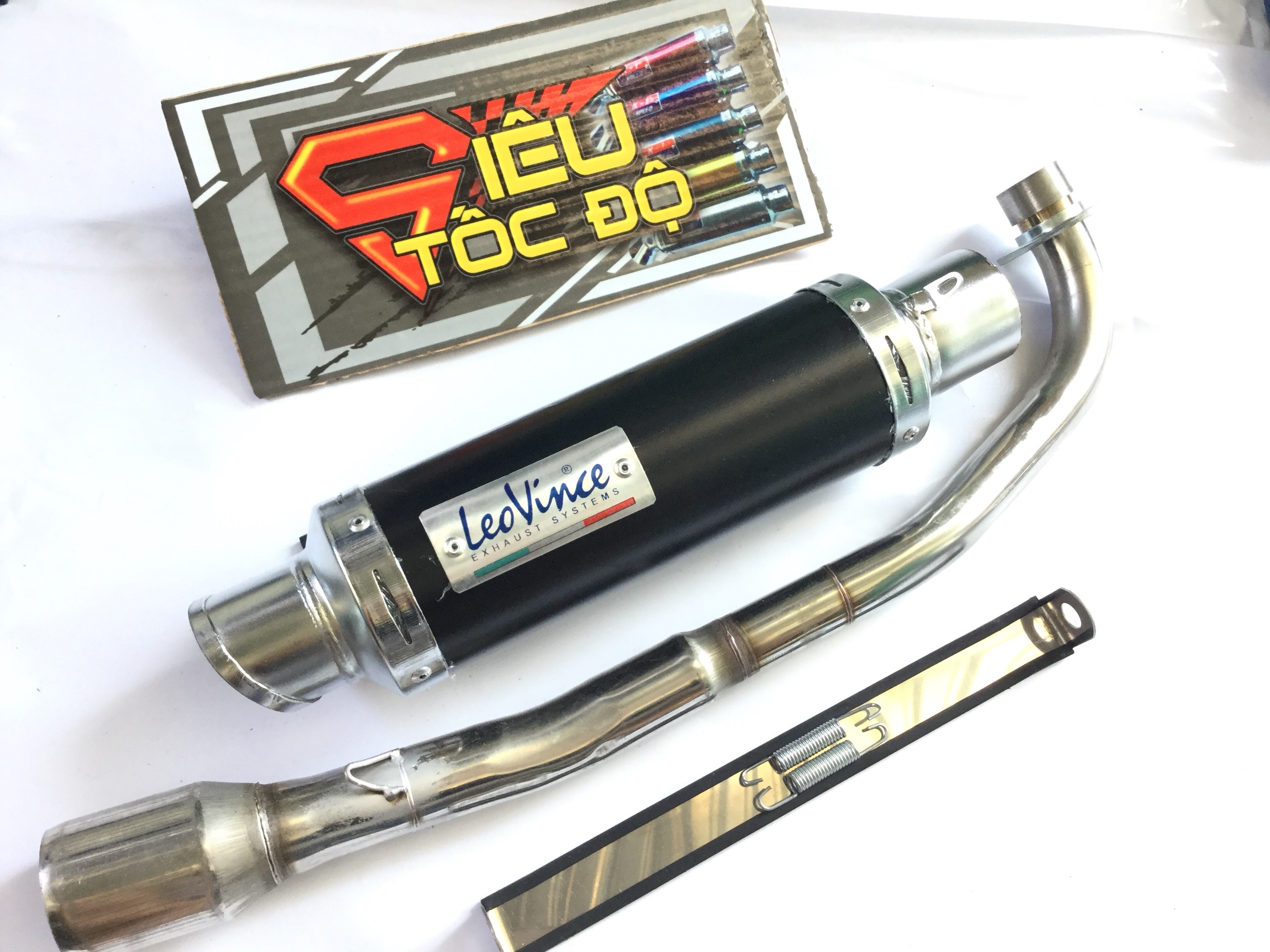 Pô leovince đen full pass treo lò xo bao gồm cả cổ pô độ cho xe wave 50 - 100, cup, dream, 67, exciter 50cc,...