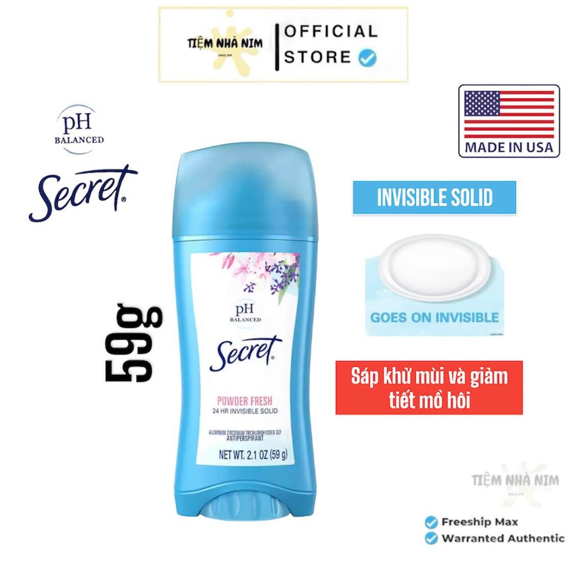 Lăn Sáp Khử Mùi Secret cho phái Nữ (hàng nhập Mỹ)- Invisible Solid - 59g