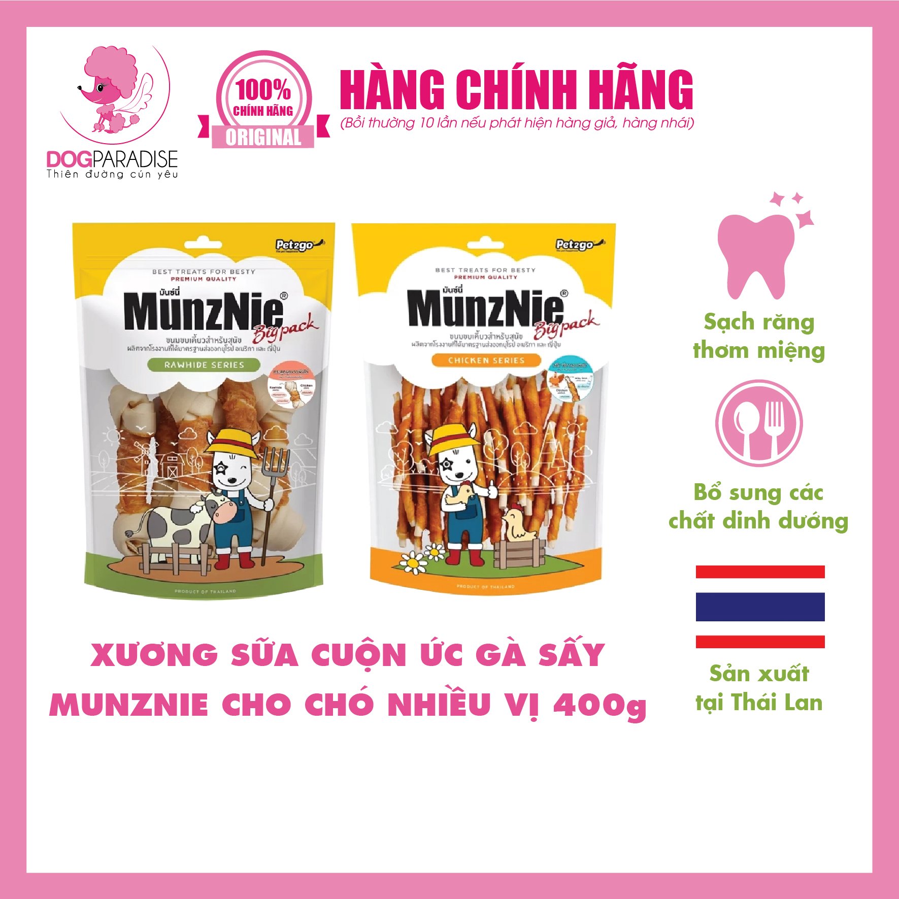 Bánh thưởng Xương sữa cuộn ức gà sấy Munznie cho chó nhiều vị 400gr - Dog Paradise
