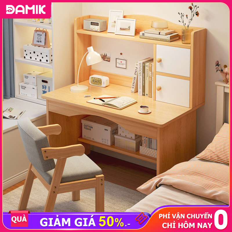  DAMIK-Bàn học liền giá sách tủ sách gia đình bàn viết và làm việc bằng gỗ hiện đại đa năng 