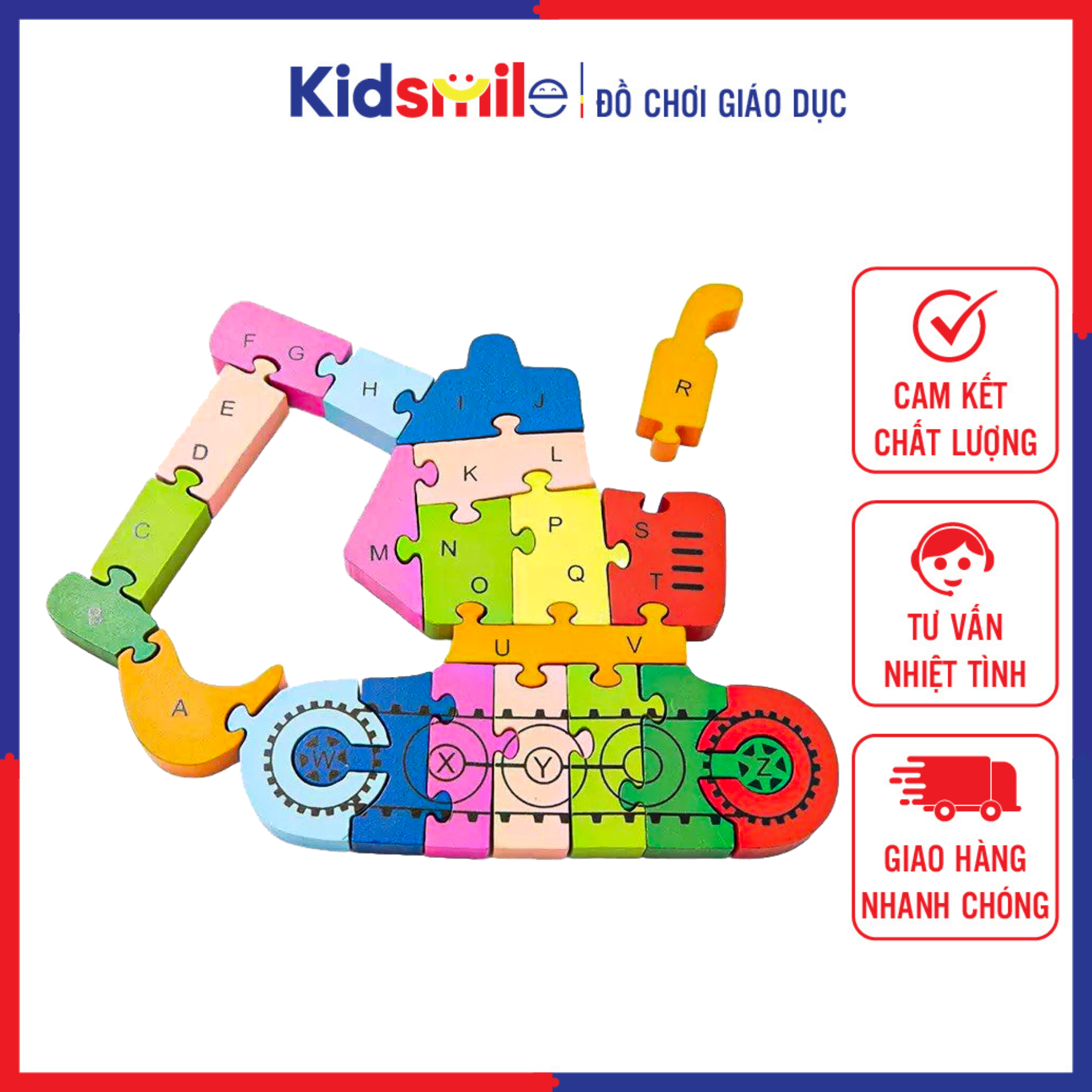 Bộ đồ chơi trẻ em lắp ráp xếp hình MÁY XÚC bằng gỗ 26 miếng in 2 mặt chữ số phát triển tư duy logic, khả năng quan tập trung quan sát cho bé gái và trai từ 3 đến 7 tuổi