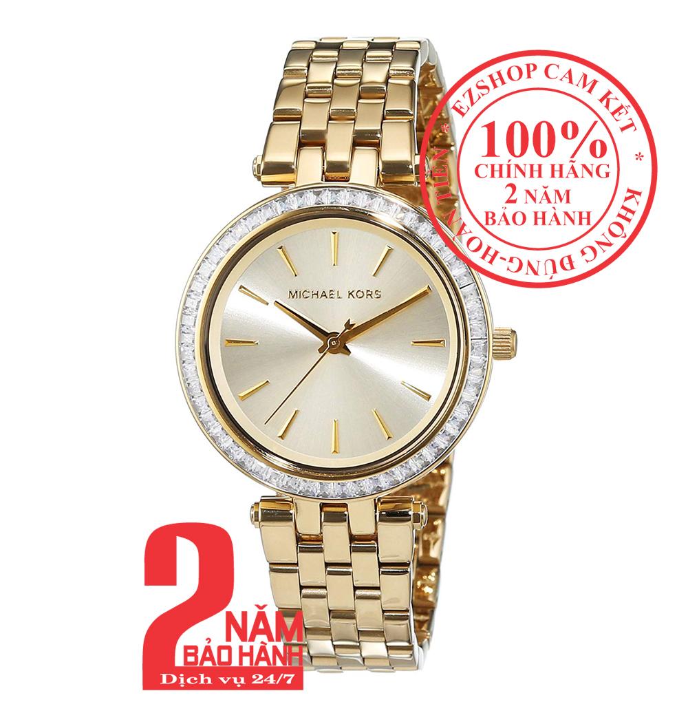 Đồng hồ nữ mk mk3365, vỏ, mặt và dây màu vàng , viền đá pha lê swarovski, size 33mm