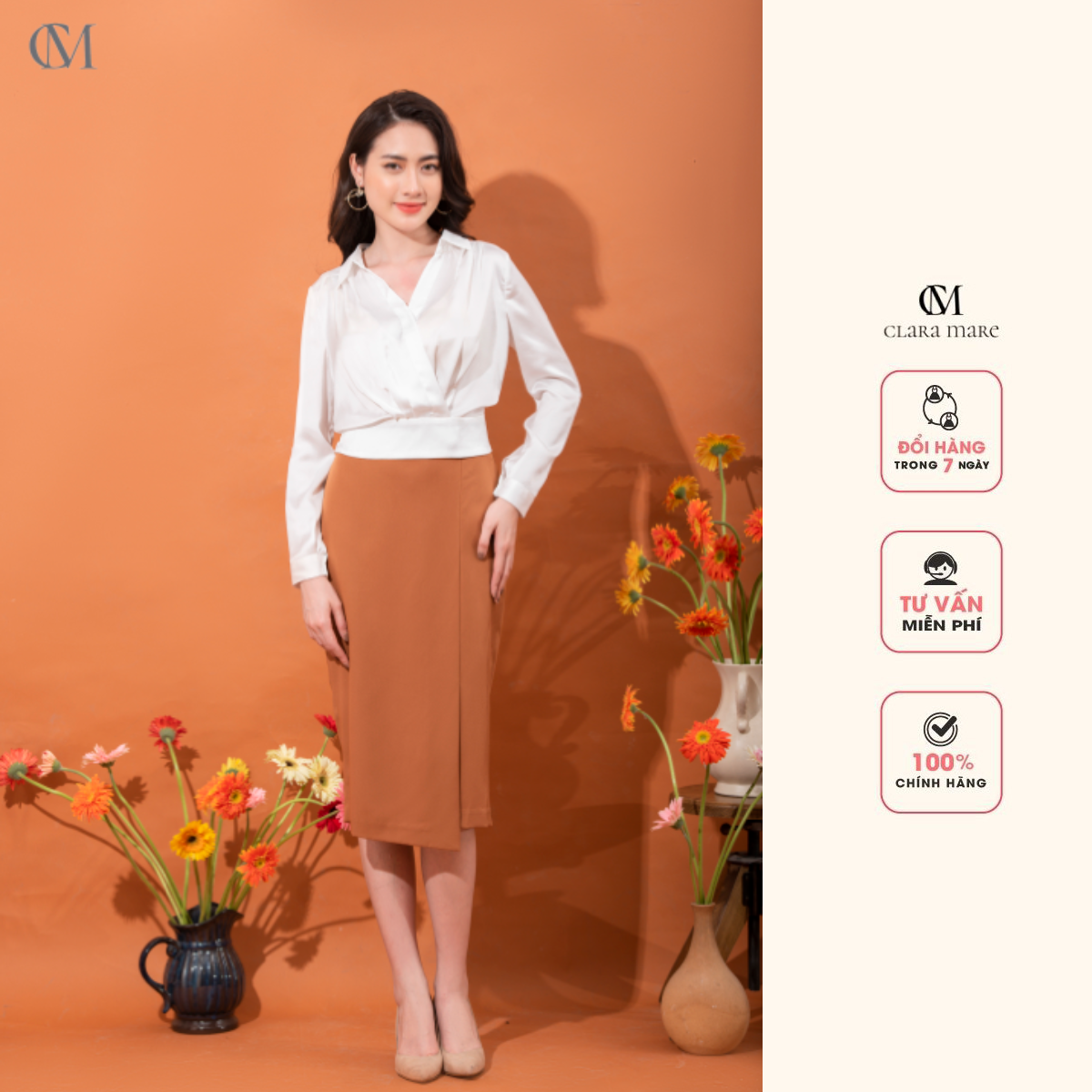 Chân váy nẹp chồng thân trước SKI3006 CLARA MARE - Chân váy bút chì dáng basic dễ mặc, cúc trang trí, tà lệch, phong cách công sở Clara Mare