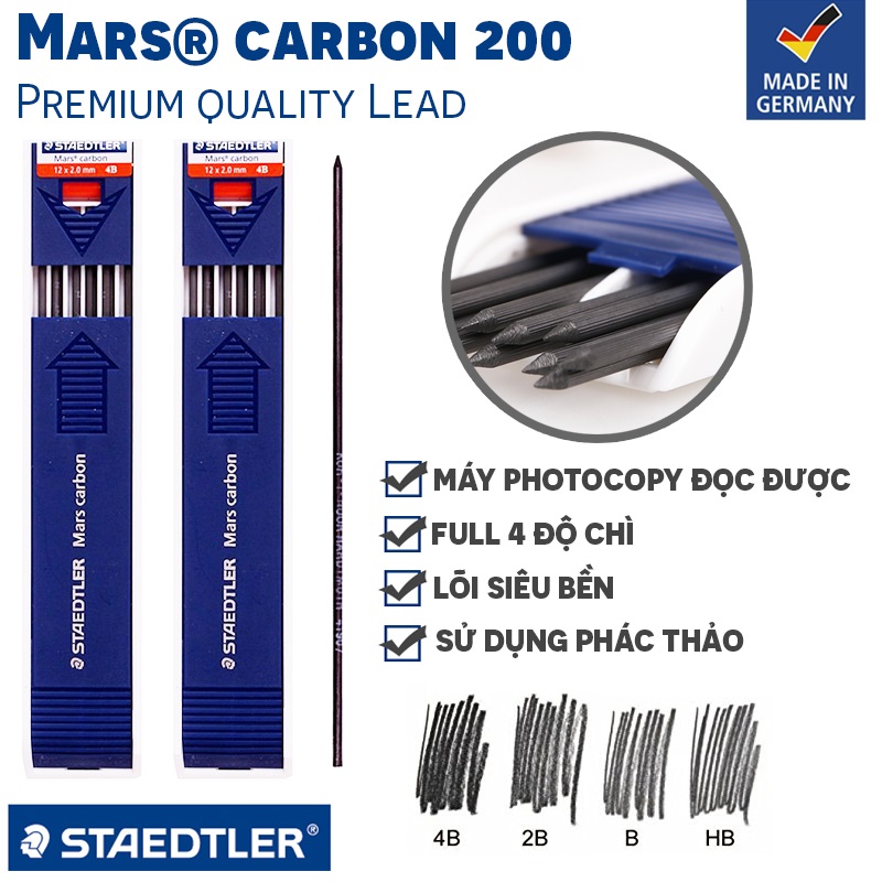 Hộp 12 ruột chì 2mm STAEDTLER Mars Carbon 200 (HB,B,2B,4B)
