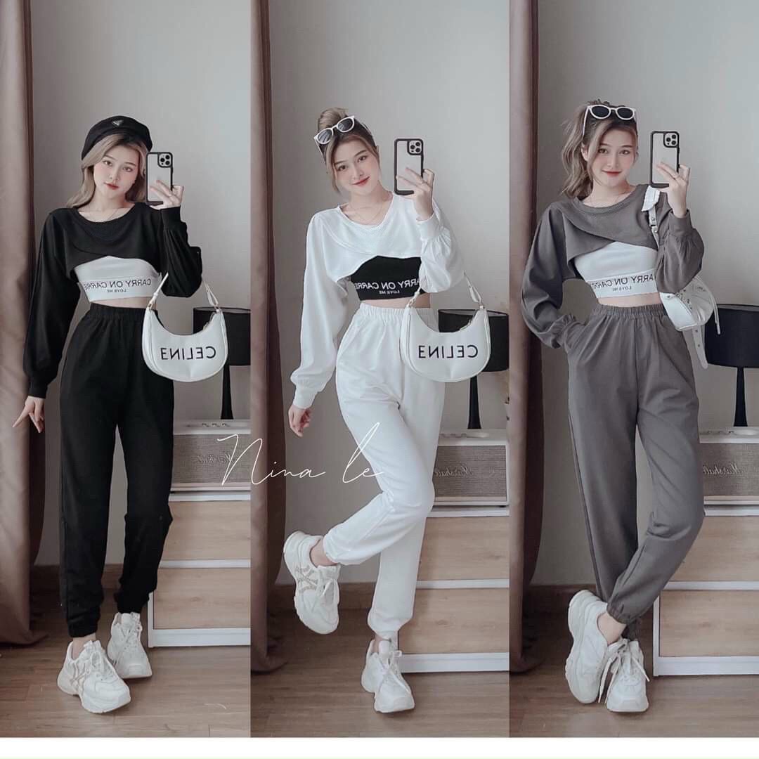 Sét bộ đồ nữ 3 món họa tiết chữ phong cách thể thao trẻ trung năng động