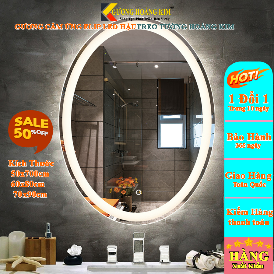 Gương elip đèn led hoàng kim  gương oval treo tường decor có đèn led cảm ứng 3 chạm kích thước 60x80 cm - guonghoangkim mirror