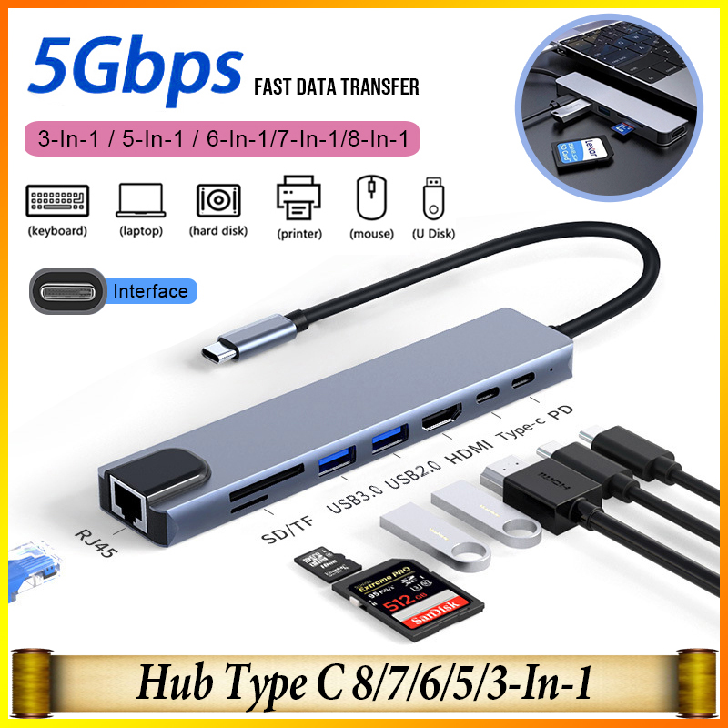 Hub type c 8-in-1 type-c + usb 3.0 + hdmi + pd100w + sd + tf + rj45, cổng chia usb tốc độ cao 3.0 cho laptop pc