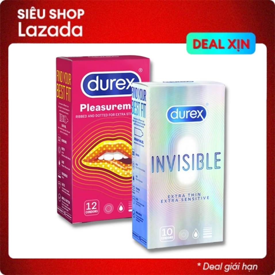 (2 hộp) bao cao su nam có gai durex pleasuremax tăng khoái cảm  + durex invisible extra thin cực siêu mỏng