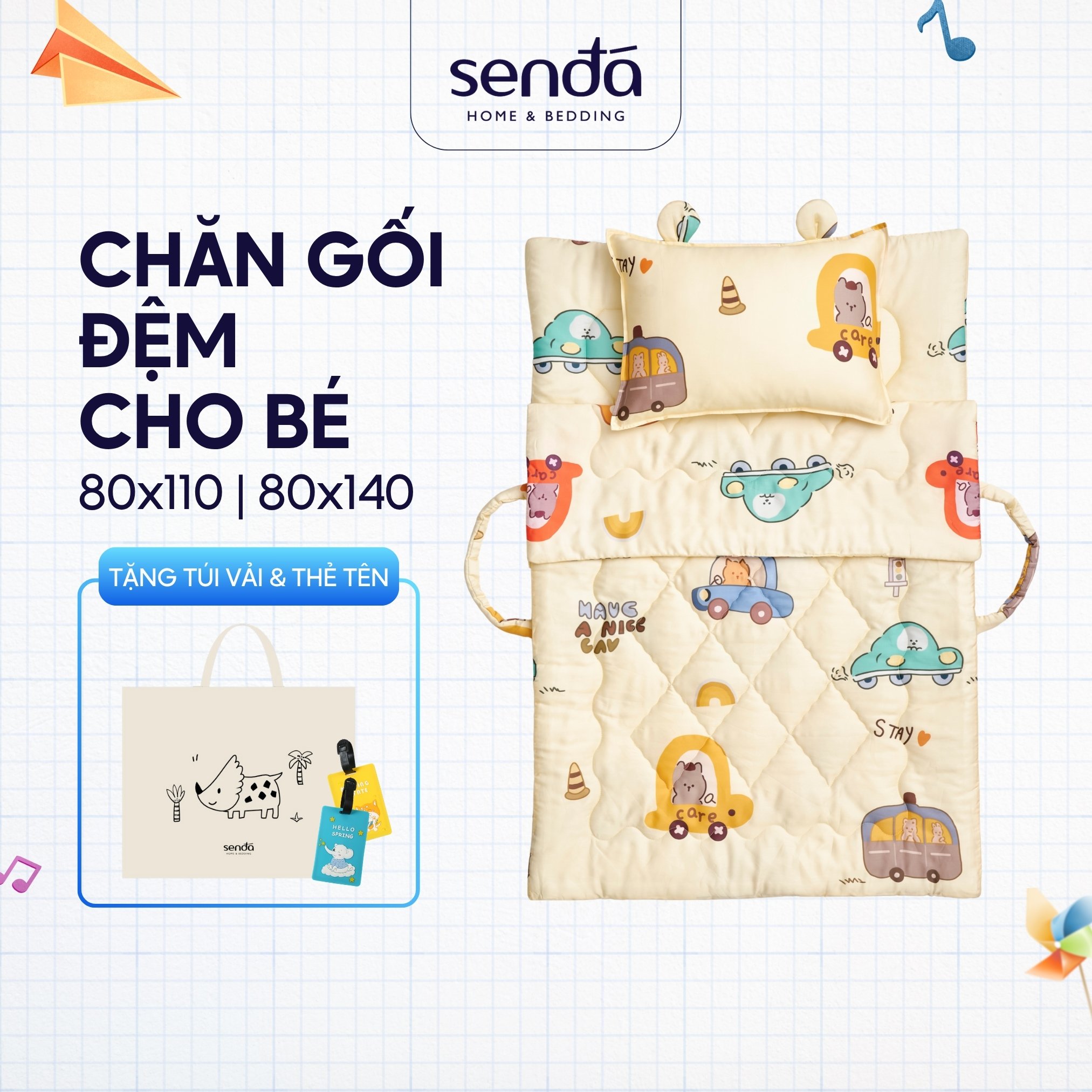  Bộ chăn gối nệm cho bé gấp gọn 5 trong 1 Tencel Sen Đá Home Bedding cao cấp set mền mầm non mẫu giáo tiểu học 