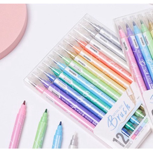 Bút 2 đầu Brush Pen Ánh Nhũ Viết Caligraphy, Trang Trí Sổ, Đánh Dấu Dòng