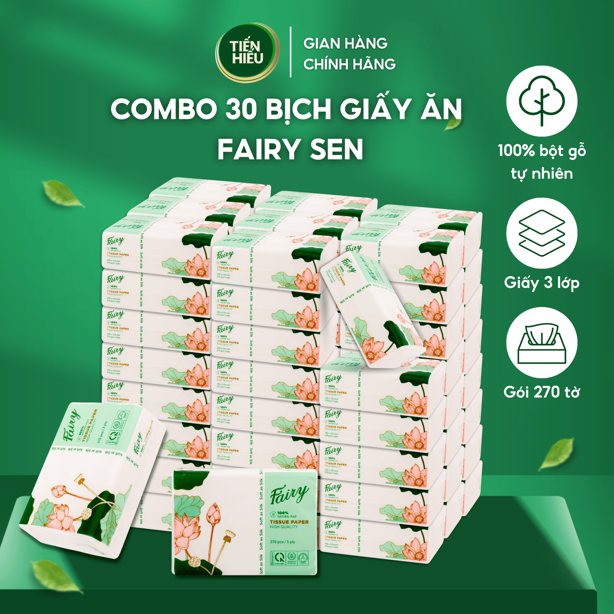 Combo 30 Gói Giấy Ăn Rút Fairy Sen 270 Tờ / 3 Lớp Tiện Dụng Siêu Tiết Kiệm, Khăn Giấy 100% Gỗ Tự Nhiên Mềm Mại Bền Dai