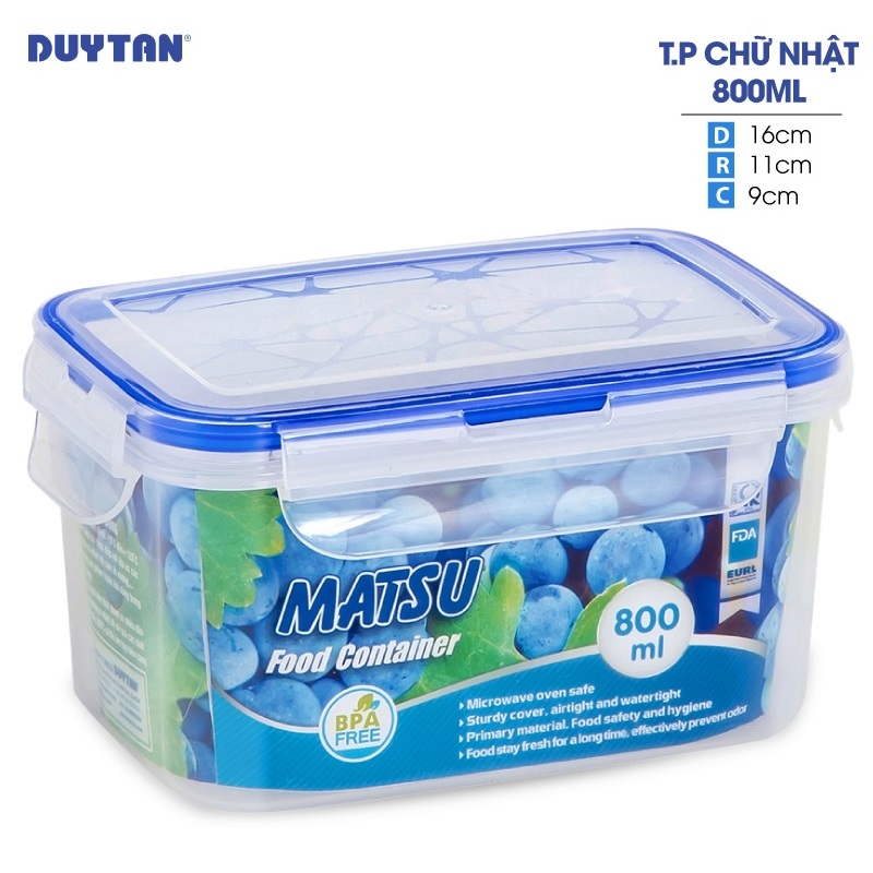Hộp đựng thực phẩm chữ nhật nhựa DUY TÂN Matsu 800ml (16 x 11 x 9 cm) - 03185