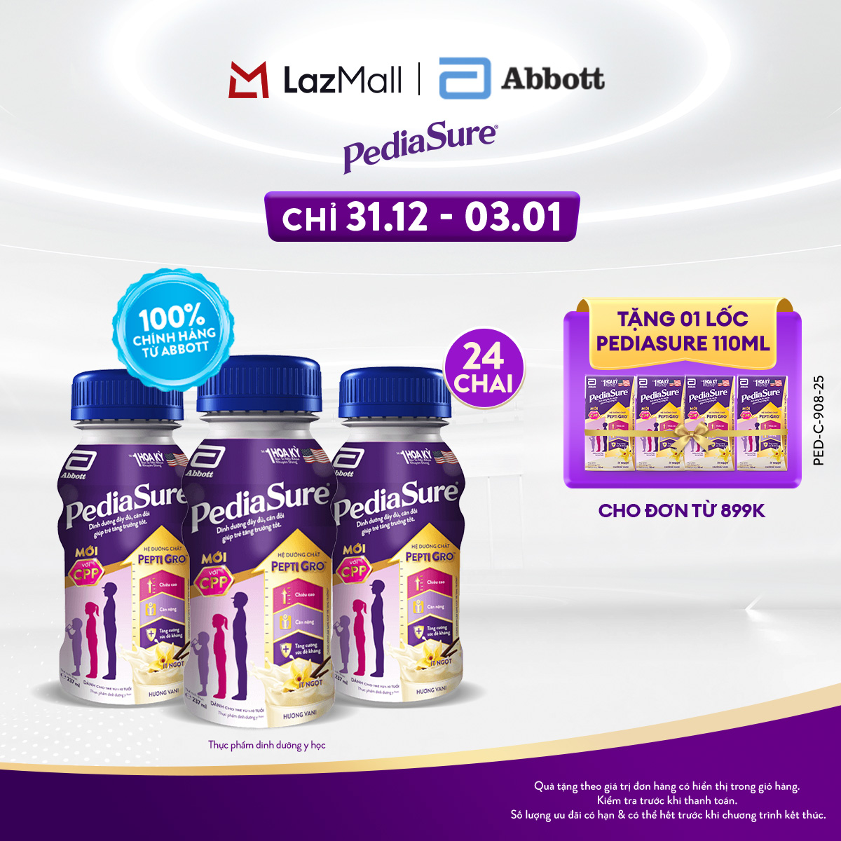 CHỈ 31.12 - 03.01 TẶNG QUÀ CHO ĐH 899K-SLCH Thùng 24 chai thực phẩm dinh dưỡng y học sữa nước Pediasure Vanilla 237ml Dành cho trẻ biếng ăn từ 1 đến 10 tuổi