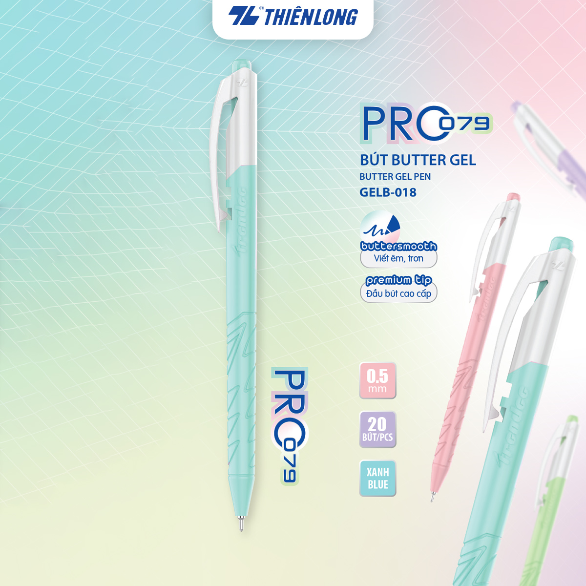 Bút gel B - Butter Gel PRO-079 Thiên Long GELB-018 - Premium Tip viết êm, trơn - Mực Xanh - Màu thân ngẫu nhiên