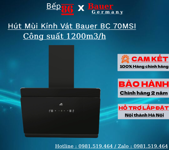Hút mùi Bauer 70MSI - Hút mùi kính vát cảm biến vẫy tay - Thiết kế sang trọng - Bảo hành chính hãng 2 năm