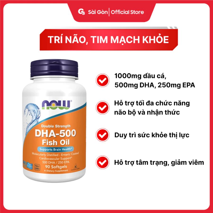 Dầu cá NOW Double Strength, DHA-500 Fish Oil, hỗ trợ sức khỏe trí não, tim mạch - Gymstore