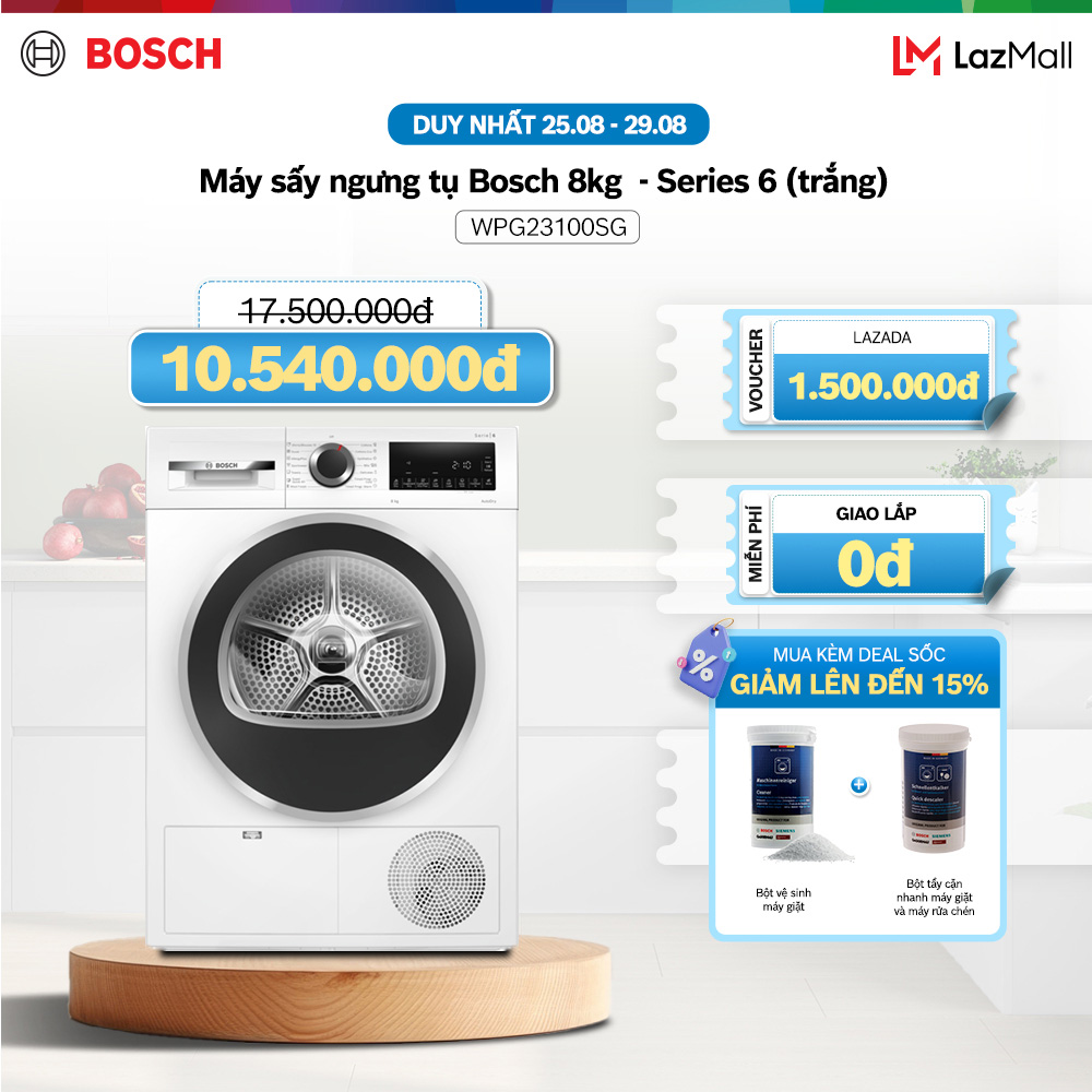 Máy sấy ngưng tụ bosch 8kg wpg23100sg - series 6 - hàng chính hãng