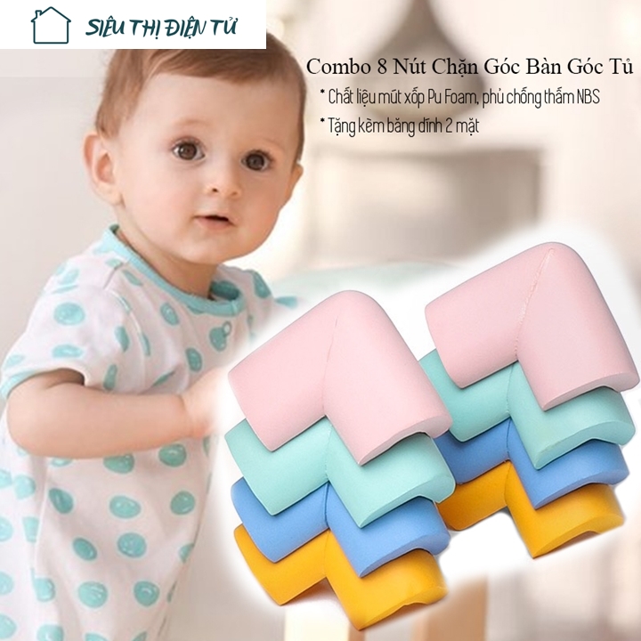 Sieuthidientu [HCM]Combo Bộ 8 Nút Chặn Góc Bàn Góc Tủ Chất Liệu Mút Xốp Pu Foam Phủ Chống Thấm NBS Trên Bề Mặt Có Tặng Kèm Băng Keo 2 Mặt Dán Cố Định