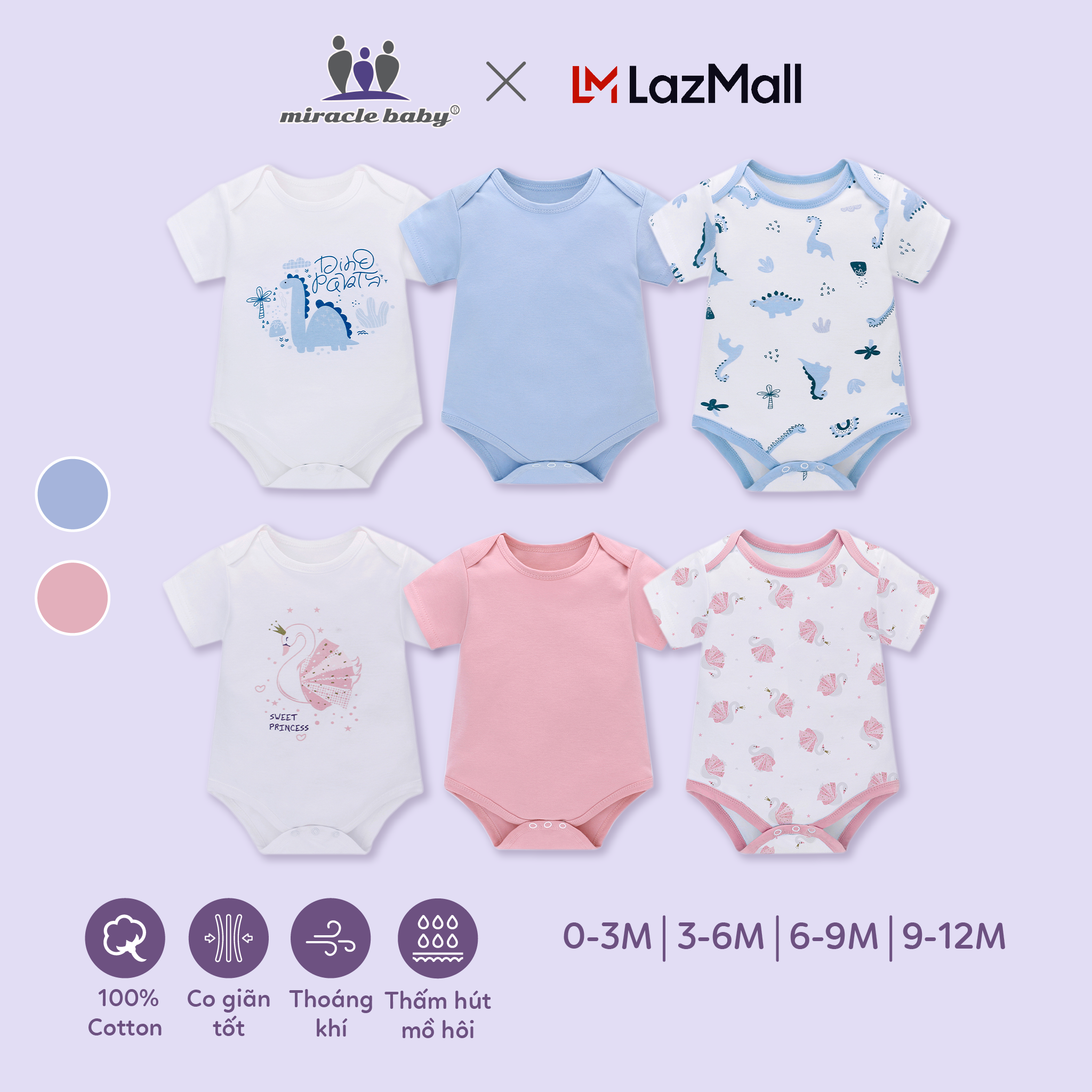 Jumpsuit/Bodysuit ngắn cộc tay Miraclebaby chất liệu cotton, mềm mại thoáng mát cho bé từ 0-12 tháng