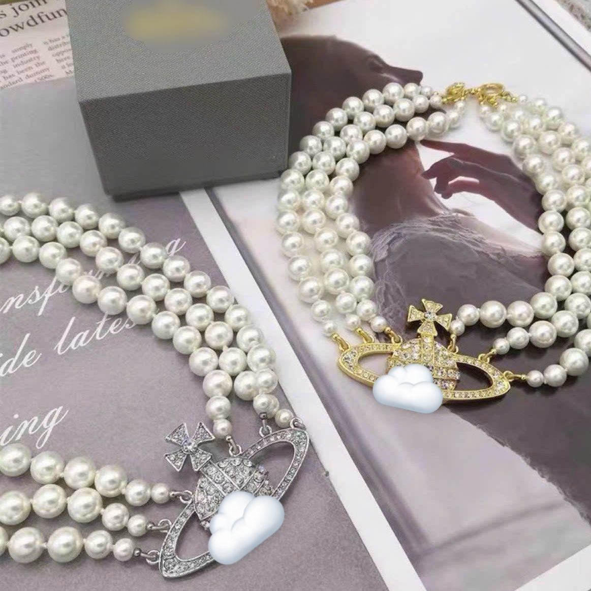 Choker vòng cổ nữ ngọc trai nhân tạo 3 tầng mặt đính đá sang trọng 01