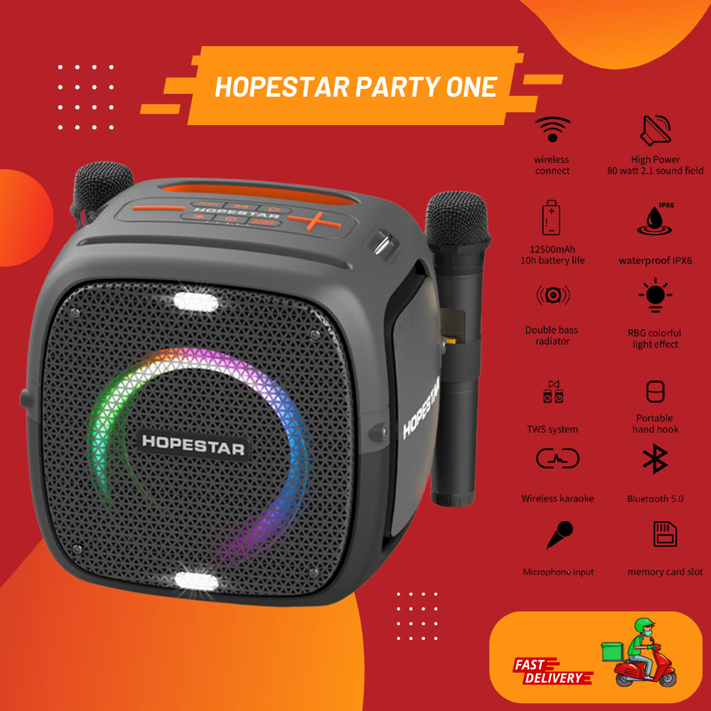 Loa Bluetooth Karaoke Hopestar Party One 80W bass siêu mạnh, 2 Micro không dây, chống nước IPX6, TWS