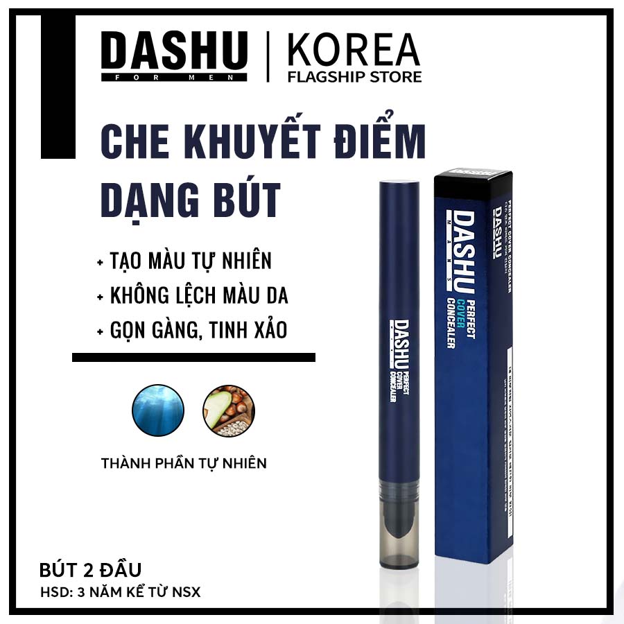 Thanh che khuyết điểm dạng bút 2 đầu Dashu Mans Perfect Cover Concealer dùng cho Nam, cây che khuyet diem Hàn Quốc không làm lệch màu da, tạo màu tự nhiên, phấn phủ chứa khoáng chất từ nước biển sâu, dầu từ các loại hạt, vitamin.