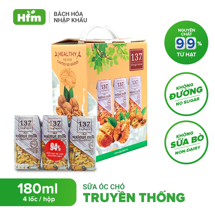 Sữa hạt óc chó nguyên chất 137 degrees 180ml x 12 hộp