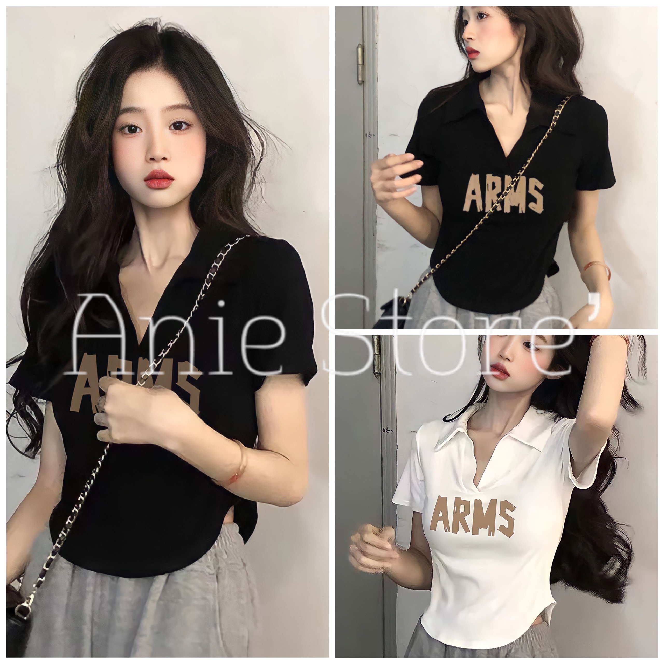 Áo croptop nữ arms cổ v vạt bầu 🦋 áo crt cổ polo cộc tay in chữ 2 màu 🦋
