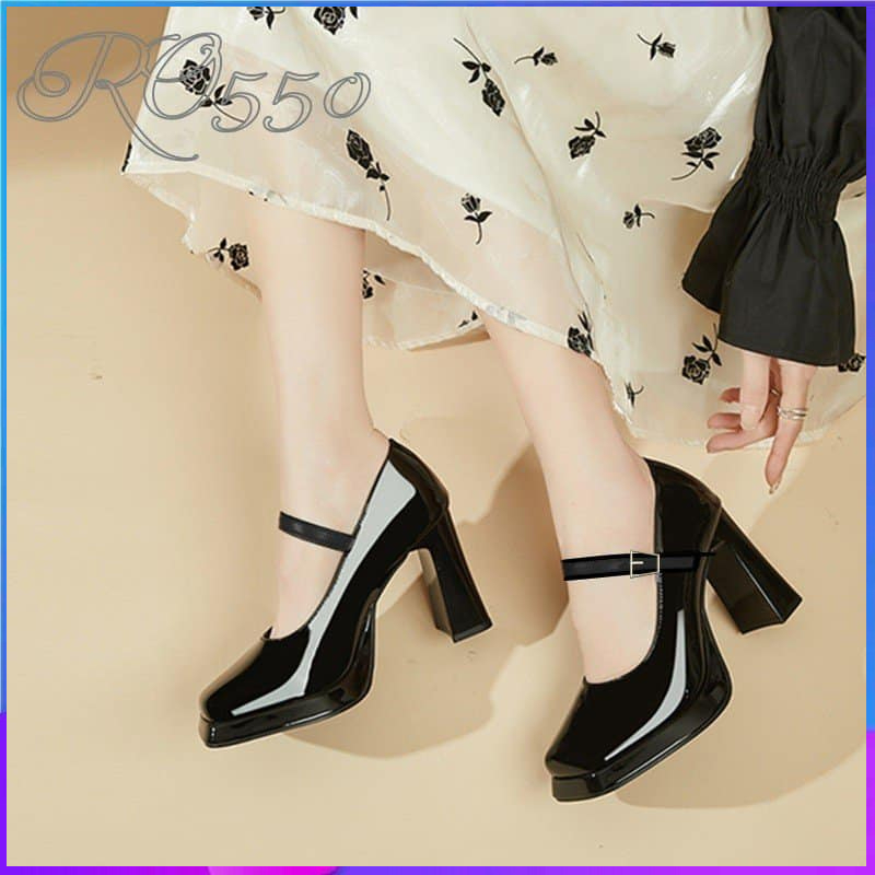 Giày cao gót nữ đẹp đế vuông 8cm hàng hiệu rosata hai màu đen da cao cấp ro550