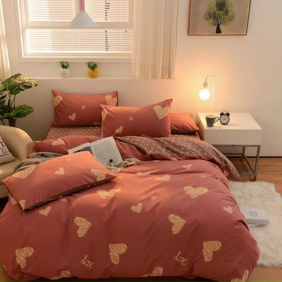 Bộ Chăn Ga Gối Cotton HQ , Tim Hồng Sữa , Chất Liệu Bền Đẹp, Không Phai, Không Xù, Mẫu Mã Kích Cỡ Đa Dạng