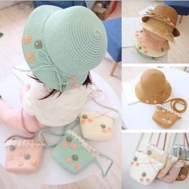 Set mũ cói kèm túi cho bé siêu dễ thương
