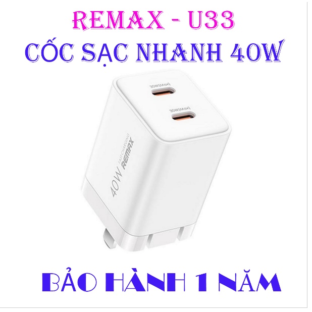 CỐC SẠC SIÊU NHANH REMAX RP-U33 - 40W , HỔ TRỢ 2 CỔNG TYPE-C