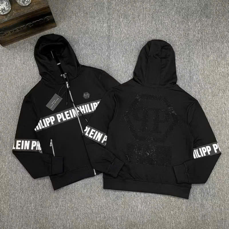  áo khoác nỉ Hoodi Zip Philip Plein Phối sọc ngang thân Logo qp phối kim tuyến sau lưng thời trang Nam nữ cao cấp 