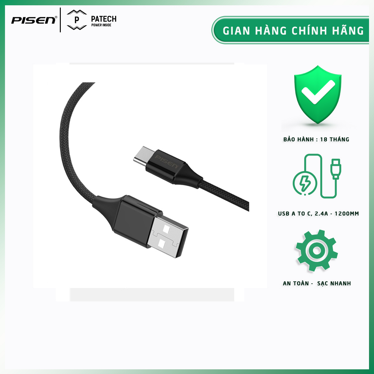 [20H 6/7 - 9.7 Nhập 77LAZSOCIAL80K Voucher giảm 12% đơn từ 250K tối đa 80K]Cáp PISEN USB Type-C 2.4A braided 1200mm(Anti-break), chống xoắn, chống gãy gập, model: TC14-1200 - Hàng chính hãng