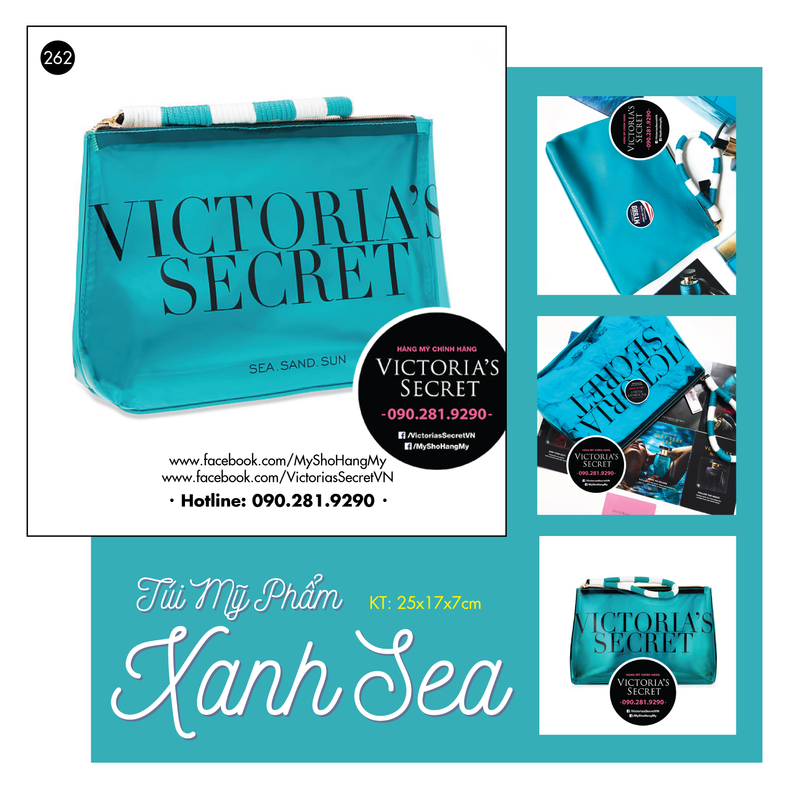 Túi mỹ phẩm màu xanh biển cá tính 25x17cm - Hàng nhập Victoria Secret USA