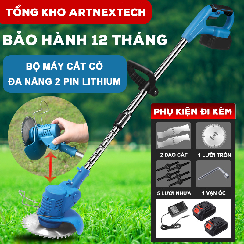 Bộ Máy Cắt Cỏ Sử Dụng PIN 199V, Máy Cắt Cỏ Cầm Tay Mini, Công Suất 1800W, Lõi Đồng 100%, Nhỏ Gọn, Tặng 8 Lưỡi Cắt