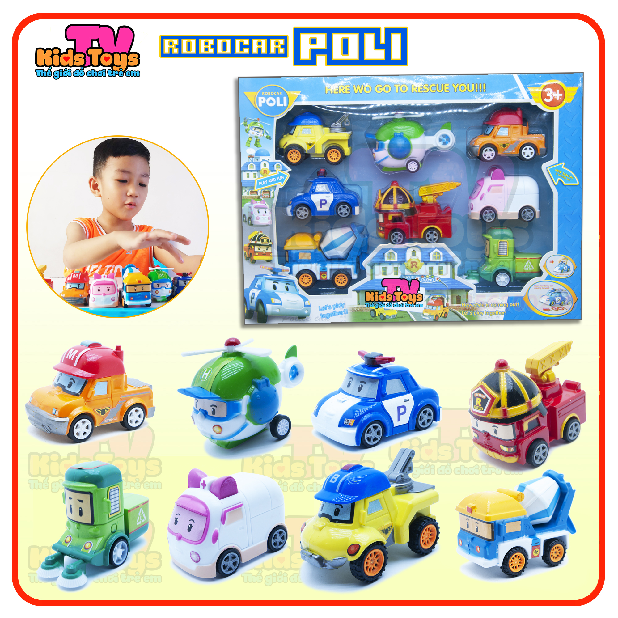 Đồ chơi trẻ em xe Robocar Poly gồm 8 xe: cảnh sát-cứu thương-cứu hỏa-xe công trình-xe rửa đường-xe cứu hộ-xe sửa chữa / xe mô hình các nhân vật trong phim hoạt hình nổi tiếng