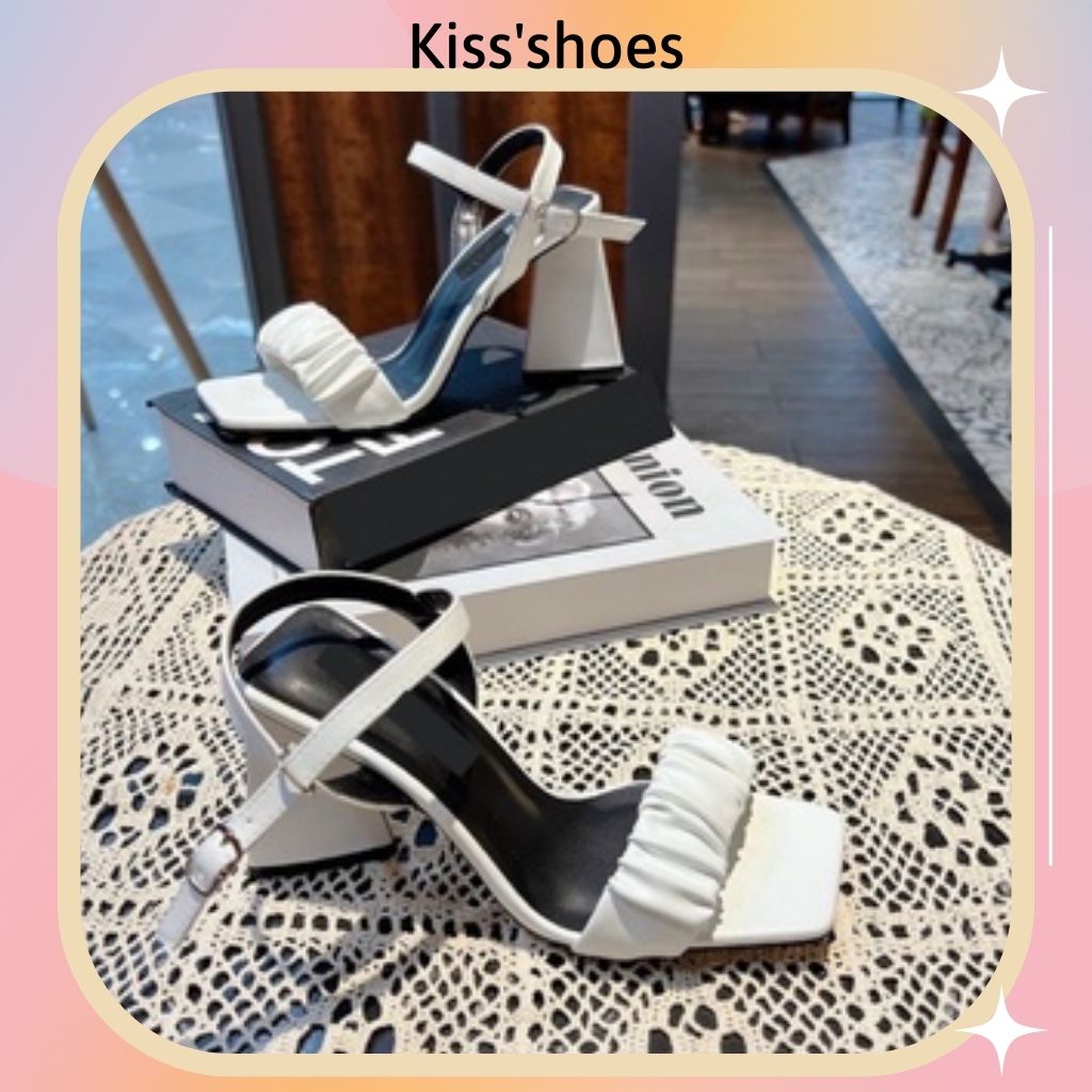 Giày nữ giày sandal cao gót 8cm da lì quai ngang nhún