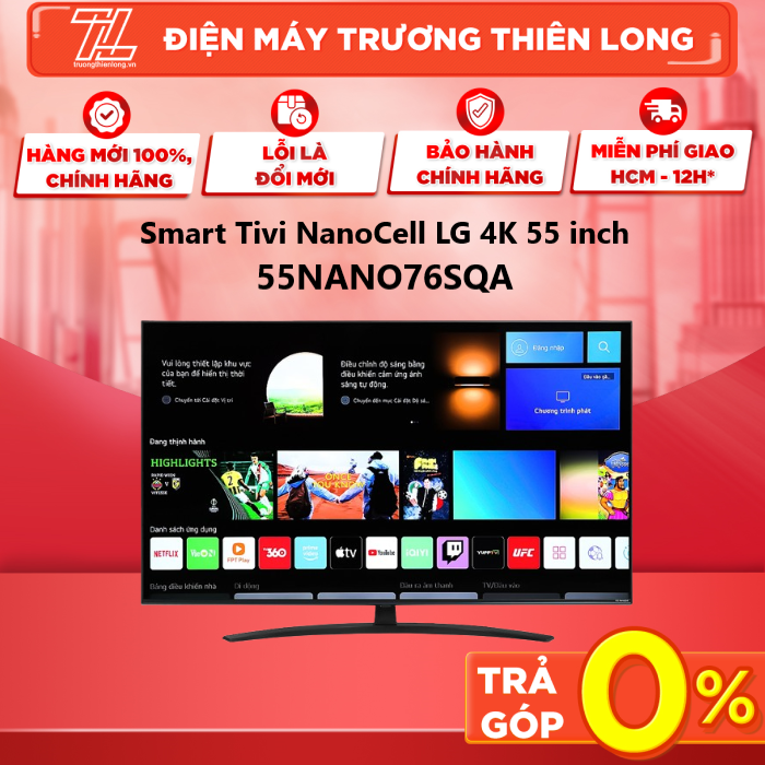 Smart tivi nanocell lg 4k 55 inch 55nano76sqa - remote thông minh tích micro giọng nói điều khiển tivi bằng điện thoại ứng dụng lg tv plus - trả góp 0% - giao toàn quốc - ngoài hcm tính phí