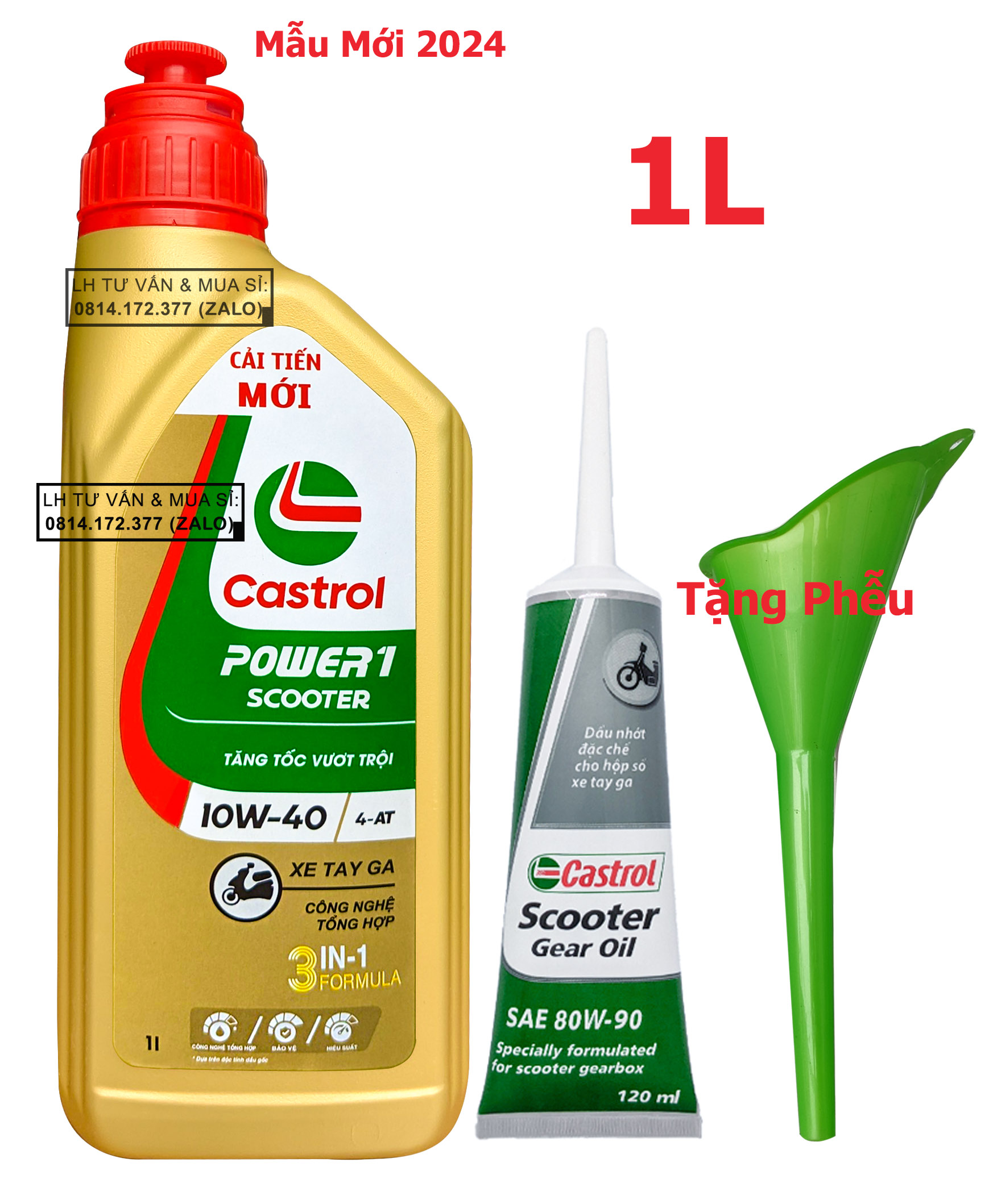 Bộ combo nhớt tay ga Castrol Power-1 Scooter 10w40 1.000ml ( 1L ) + Nhớt lap Castrol + Tặng phễu châm nhớt