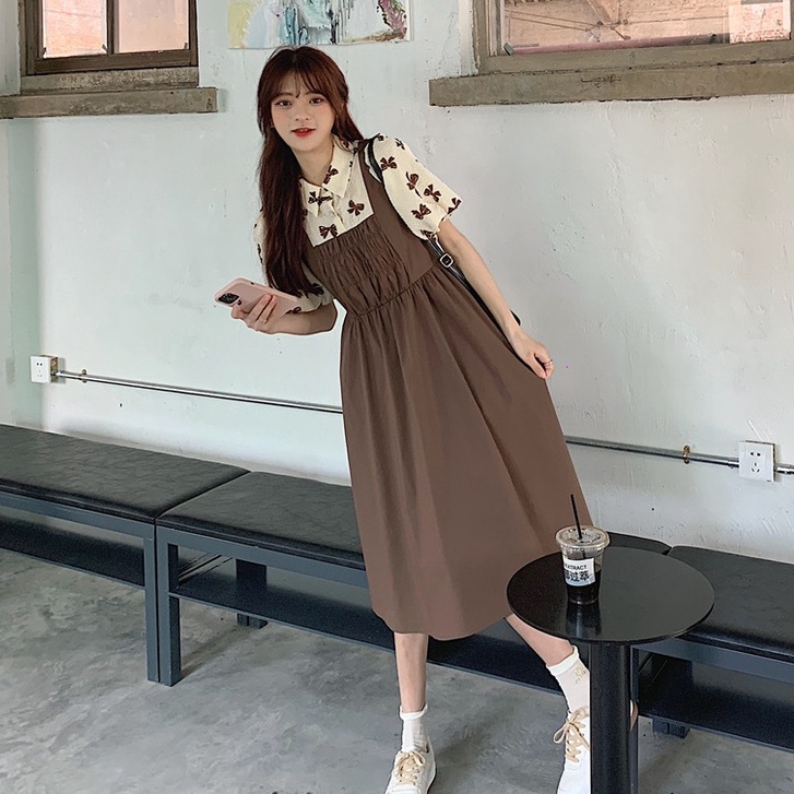 Váy yếm baby doll ẢNH THẬTcổ sơ mi họa tiết nơ xinh xắn